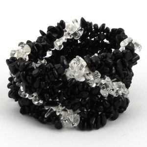 Clear Quartz and Black Obsidian XQ Wide Mesh Chip Bracelet Crystal Jewelry black obsidian