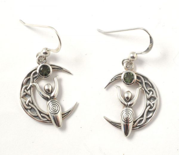 Moldavite Goddess and Crescent Moon Earrings All Crystal Jewelry celtic