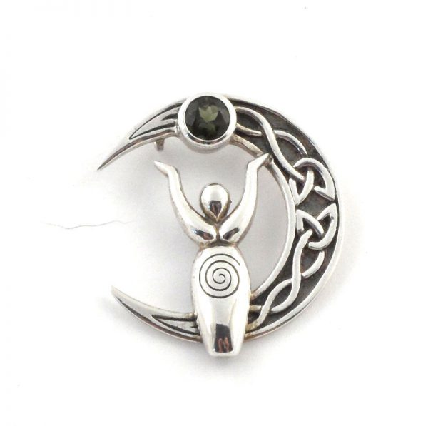 Moldavite Goddess and Crescent Moon Pendant All Crystal Jewelry celtic