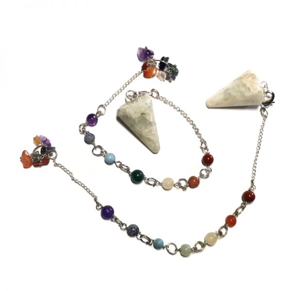 Moonstone Pendulum, Six Sided Point with Chakra Chip Bracelet All Crystal Jewelry bracelet